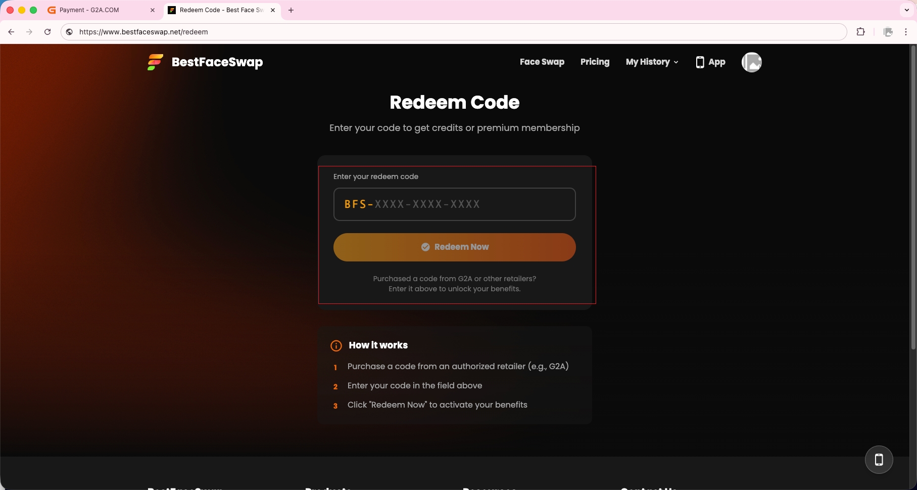 Step 5: Redeem your code on BestFaceSwap